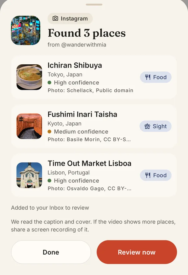 The share sheet: Wanderreel found three places in a shared Instagram reel.