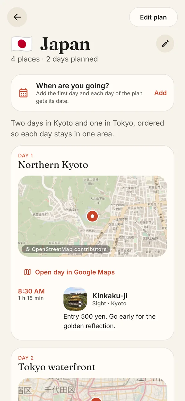 A trip to Japan planned by day, with numbered stops, start times and a map of the day's route.