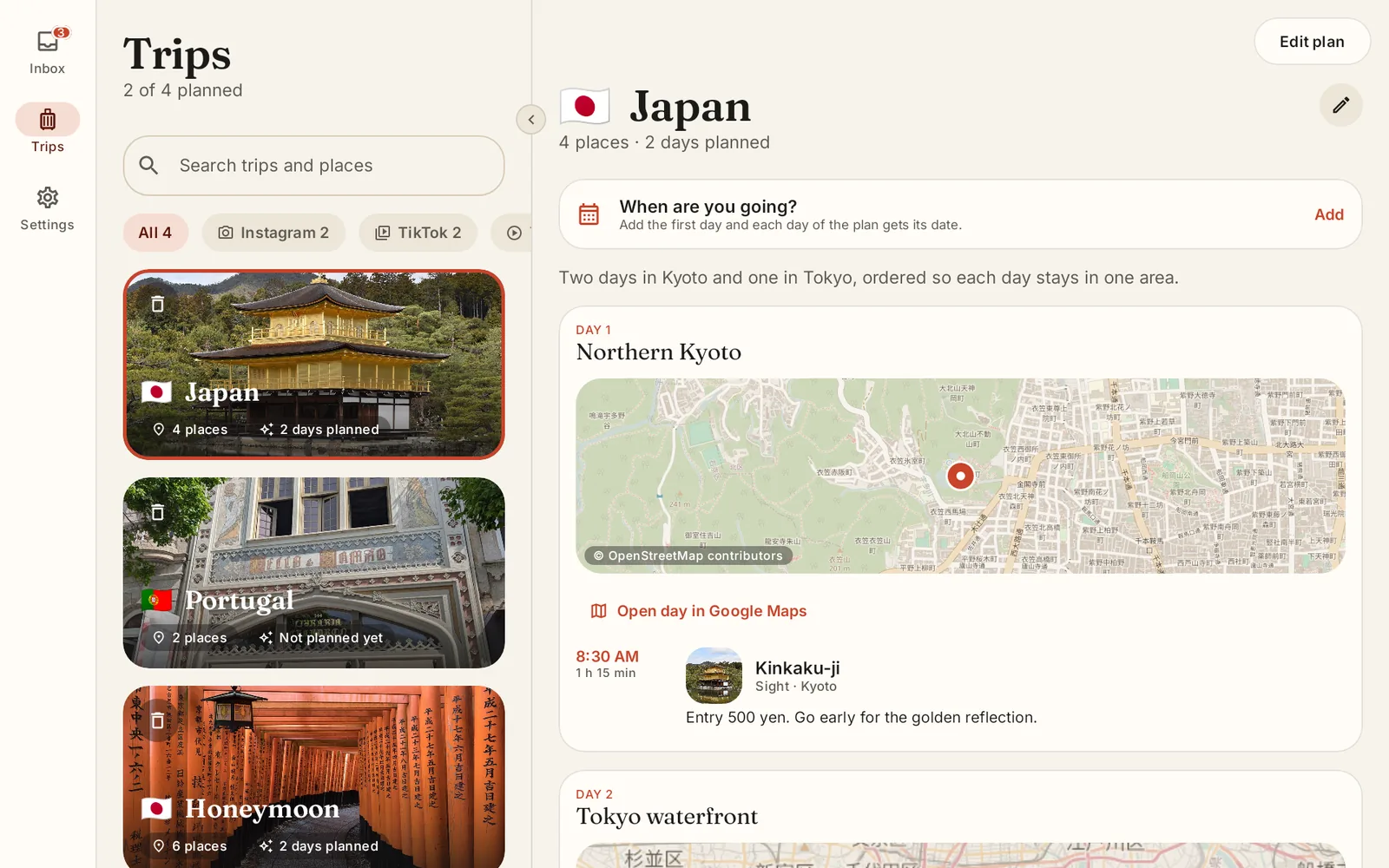 Wanderreel on a wide screen: the list of trips on the left, a trip's day-by-day plan on the right.