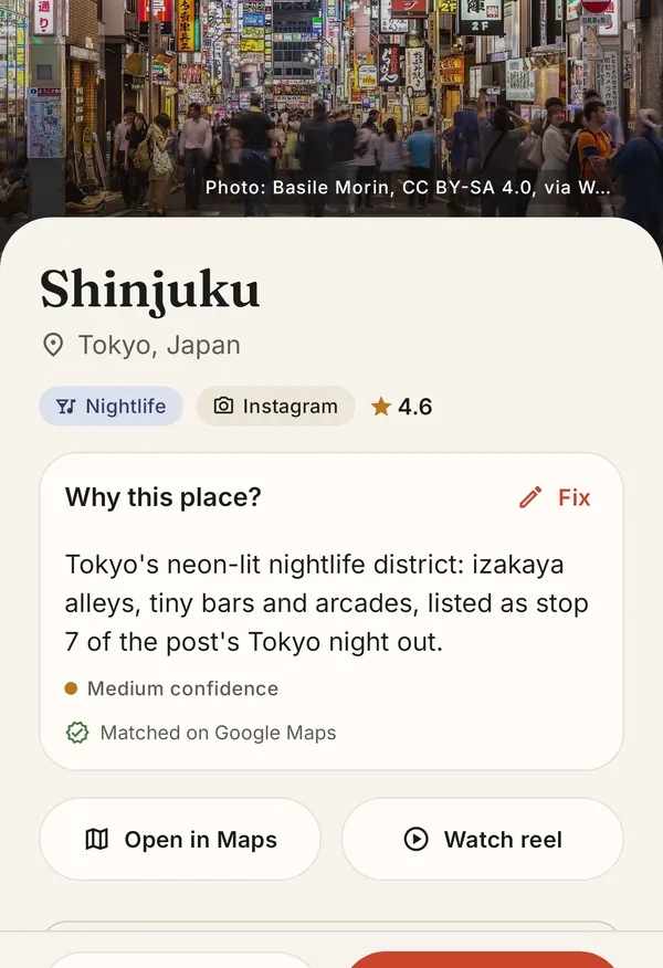 The place page for Shinjuku, with the card Why this place? explaining what the place is and where it was read.